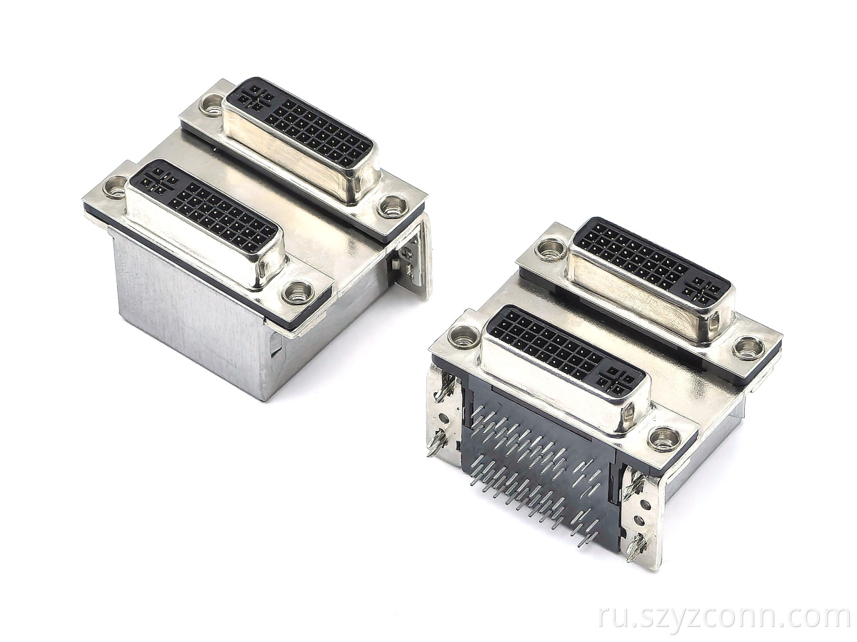 Двухпортовый разъем DVI: Гнездо DVI-24+5, прямоугольное DIP-крепление, черный пластик DVI Dualport Connector: DVI-24+5 Female Receptacle Right-Angle DIP Panel-Mount Black Plastic
